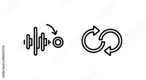 Audio sync icons: sound waveform with arrow and refresh arrows symbolizing synchronization for audio and editing with post production