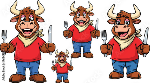 Cartoon bull mascot character set, happy bull holding fork and knife, hungry bovine wearing red shirt and blue jeans, steakhouse restaurant vector