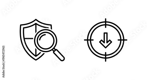 Risk assessment and threat rating icons: magnifying glass over shield for security analysis, target with down arrow for threat level, vector illustration for danger concepts