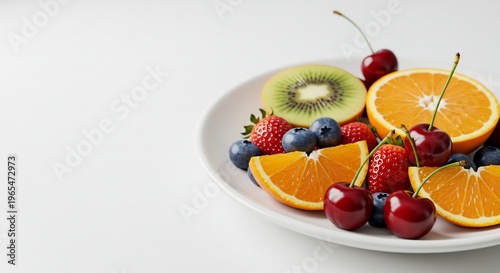 白い皿に盛られた新鮮でカラフルなフルーツ盛り合わせが明るい光で輝きヘルシーな朝食を彩る. AI Generated