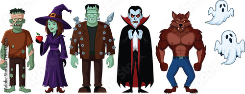 Halloween Monster Character Set Featuring Zombie Witch Frankenstein Vampire Werewolf and Ghosts Isolated on White Background for Spooky Holiday Party Design Vector