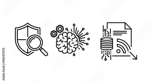 Cybersecurity threat intelligence icon showing shield with magnifying glass, brain with digital connections, and threat feed icon with database and wi-fi symbol, representing data protection and netwo