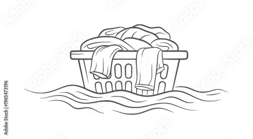 Laundry basket overflowing with clothes floating wavy water