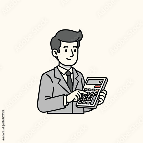 Illustration of a man wearing a suit holding and using a calculator. He appears to be calculating something while smiling subtly