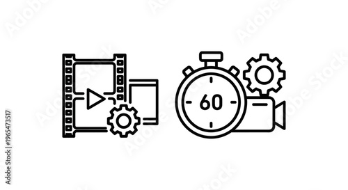 Production icons: film reel frame rate and stopwatch fps settings for media creation with post production
