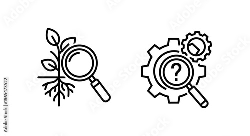 Analysis icons: magnifying glass on plant for root cause, gear question mark for problem investigation