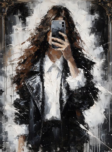 Woman in Black Leather Jacket Taking Mirror Selfie Moody Fashion Portrait