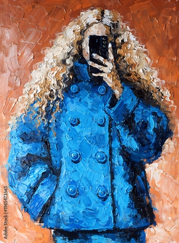 Woman with Curly Hair in Blue Coat Taking Mirror Selfie Fashion Portrait