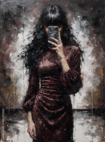 Mysterious Woman in Burgundy Dress Taking Mirror Selfie Dark Portrait