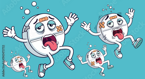 Funny cartoon pill characters with bandages and tired expressions, sick medicine tablet mascot set, exhausted pharmaceutical drug vector illustration