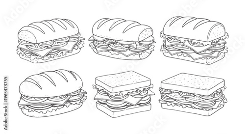 Six hand drawn sandwiches sub and square bread with lettuce tomato cheese food