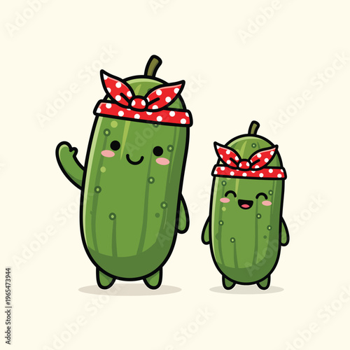 Cute cartoon illustration of two cucumber characters. One waves, the other smiles. Both wear red headbands. Light cream background