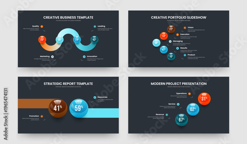 Digital Development 4 5 2 3 Element Diagram Slide Layout Bundle. Educational Strategy Four Five Two Three Option Graph Frame Design Vector Illustration Set.