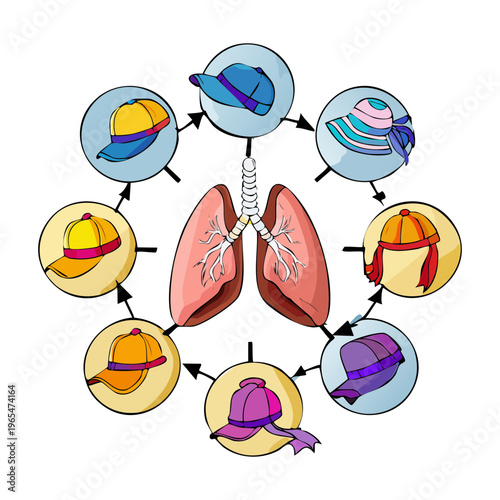 Infographic style illustration of human lungs connected to various global environment icons representing ecological impact on respiratory health and breathing