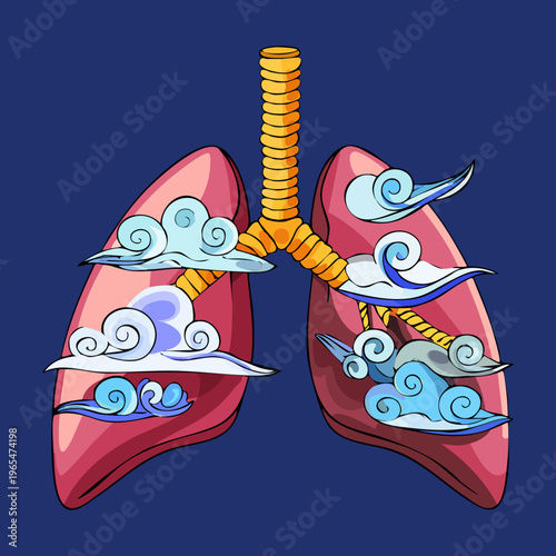 Artistic depiction of human lungs filled with soft clouds and dark sky representing the transition between clear breathing and respiratory challenges