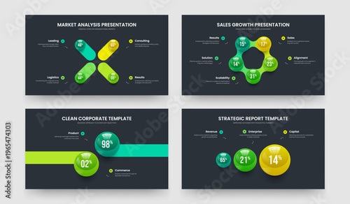 Elegant Campaign 4 5 2 3 Step Infographic Slideshow Template Collection. Investor Report Four Five Two Three Element Graph Slide Design Vector Illustration Set.