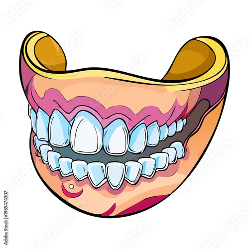 Detailed anatomical model of the lower jaw showing teeth and gums in a curved perspective for dental hygiene and orthodontic education