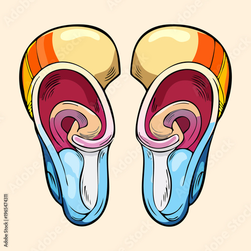 Pair of human ears in cross section showing the internal auditory canal and hearing mechanisms for medical and ENT study