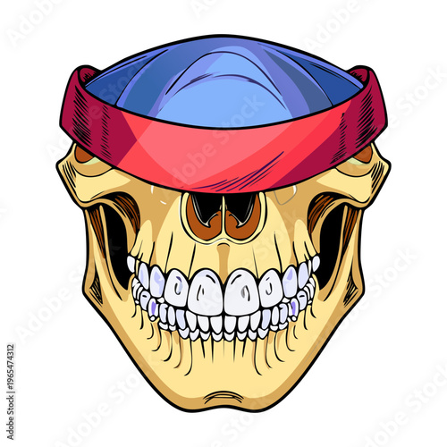 Frontal view of a human skull with a red headband and detailed facial bones representing anatomy or a warrior character design