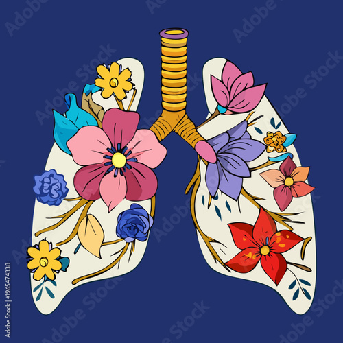 Dark artistic lungs illustration with floral patterns and butterflies representing the organic and living nature of the human respiratory system