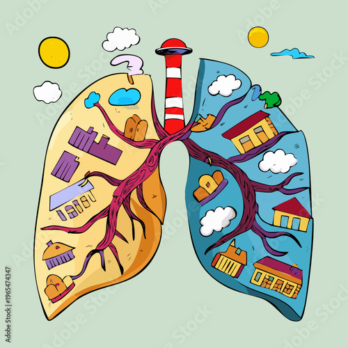 Creative lungs illustration featuring a landscape with houses and trees inside representing the connection between healthy environment and breathing