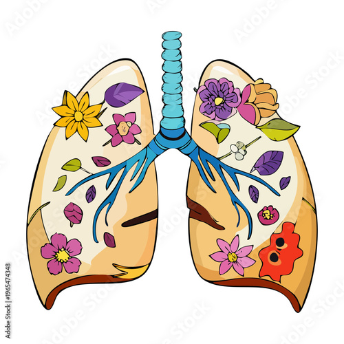 Elegant human lungs design filled with white flowers and blossoms representing purity and fresh air in the respiratory breathing system