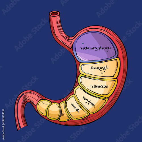 Human stomach illustration with highlighted internal sections and different colors representing various stages of the digestion and gastric process