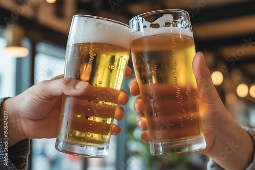 Cheers! Clink glasses. Close-up shots of hands holding beer glasses and beer bubbles.