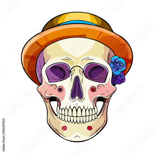 Stylish human skull wearing a yellow hat with a floral decoration representing a artistic and fashionable approach to anatomical art
