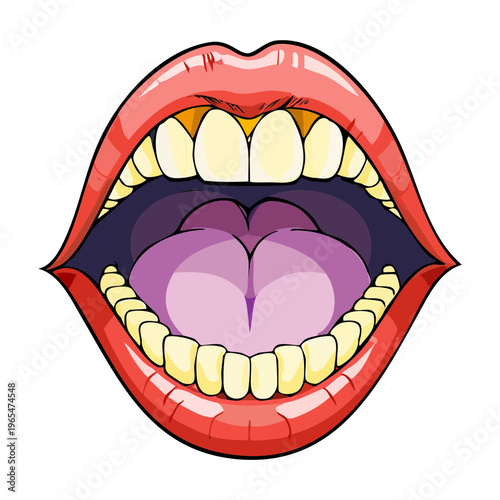 Wide open human mouth and jaw showing deep throat and teeth for anatomical study or expressing loud vocalization and screaming