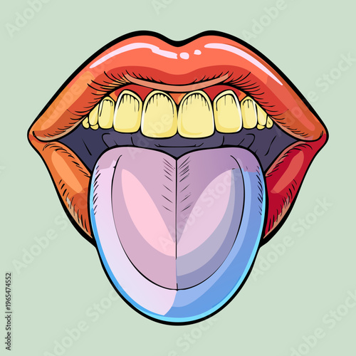 Human mouth showing teeth and tongue with yellow discoloration representing dental hygiene issues or specific oral health conditions for medical study