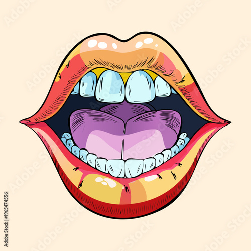 Human mouth with an open jaw showing upper and lower teeth with a slight smile for dental health and hygiene concepts