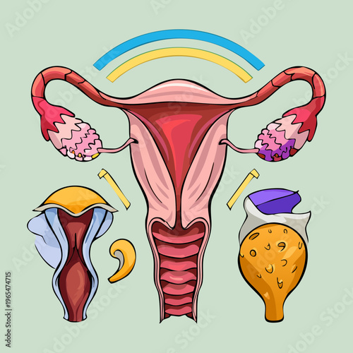Conceptual illustration of the female reproductive system with various icons representing different aspects of gynecological health and medical care stages