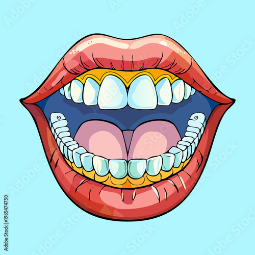 Human mouth in an open position showing the tongue and teeth for dental examination anatomical study or expressive communication and vocalization