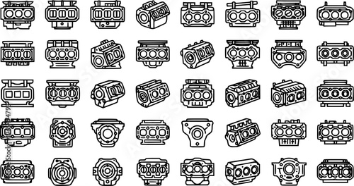 Automotive Engine Block Vector Line Icons Set: Cylinder Blocks, Motor Components, and Car Mechanical Parts in Outline Style.