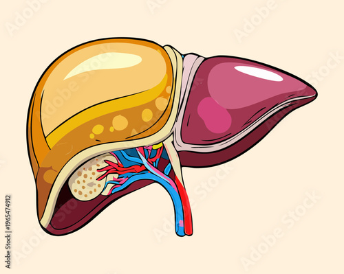 Vibrant medical illustration of the human liver showing gallbladder and vascular structure for gastrointestinal health education and anatomical science research purposes