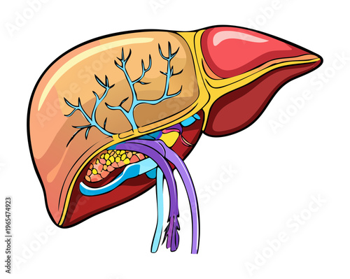 Anatomical study of the human liver with detailed blood vessels and bile ducts for medical training and healthcare professional educational materials