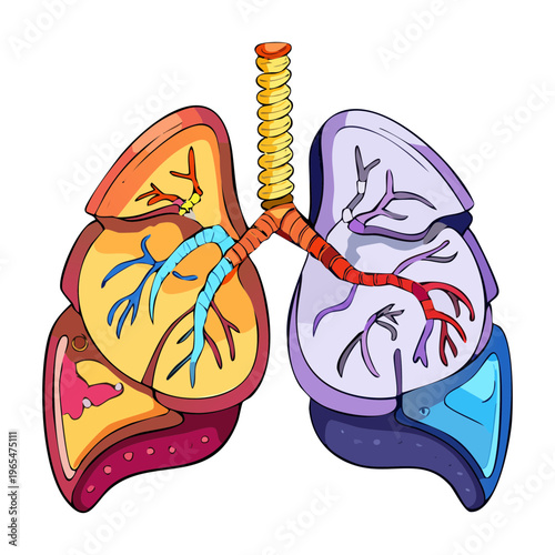 Medical illustration of human lungs and trachea showing bronchial tree and vascular structure for respiratory health education and clinical study