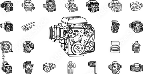 Detailed Line Art Illustrations of Various Car Engine Components and Configurations