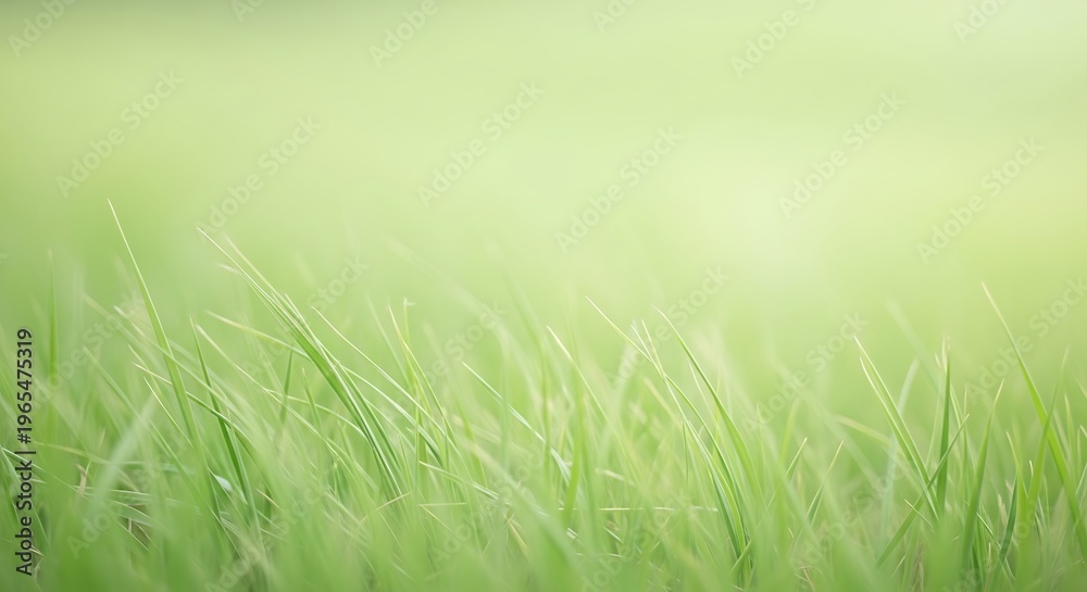 Fototapeta premium Soft focus close-up of lush green grass blades swaying gently in the breeze, evoking a sense of tranquility and natural beauty with a bright, airy feel