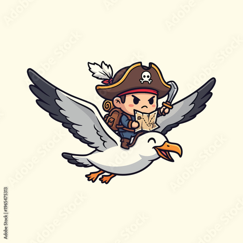 An illustration features a cartoon pirate holding a map and sword riding on the back of a large white seagull. The pirate appears serious