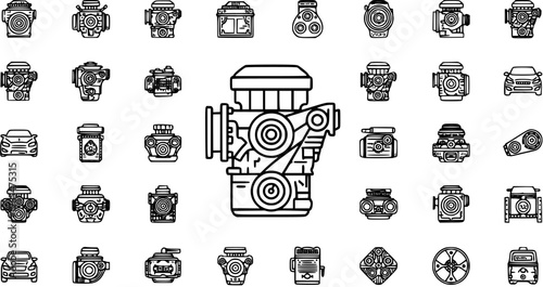 Car Engines and Auto Parts Vector Line Icons Set. Collection of automotive components, vehicles, and mechanical elements for repair, service, and engineering design.