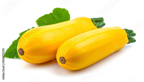Fresh yellow squash with green leaf isolated on white background highlighting natural organic vegetable harvest and farm produce concept.
