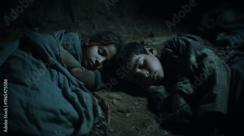 Two children sleep together in a dim, earthy space
