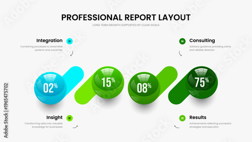 Financial Growth Four Element Diagram Slideshow Design. Product Overview 4 Option Infographic Frame Template. Project Visualization Slide Layout Vector Illustration.