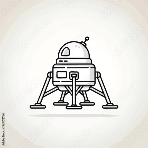 An illustration depicting a stylized spacecraft, resembling a lunar lander. The design features a circular top structure, and extended legs