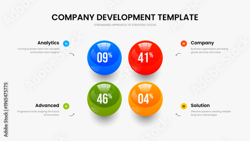 Service Insight Slideshow Layout Vector Illustration. Corporate Forecast Four Element Infographic Slide Template. Modern Campaign 4 Step Chart Frame Design.