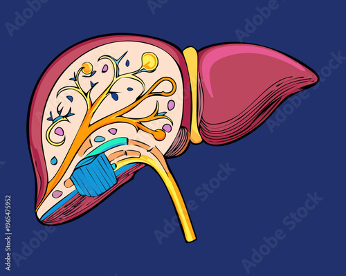 Human liver anatomy on a dark blue background for professional medical science education and digestive system health awareness and clinical research purposes