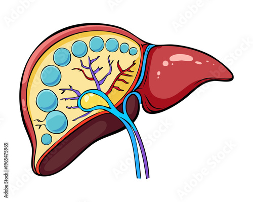 Cross section of human liver tissue showing internal structure and vascular network for medical science education and digestive health professional research