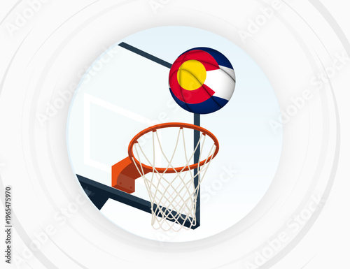 Colorado Flag Themed Basketball in Motion, Scoring Moment in Basketball Game.